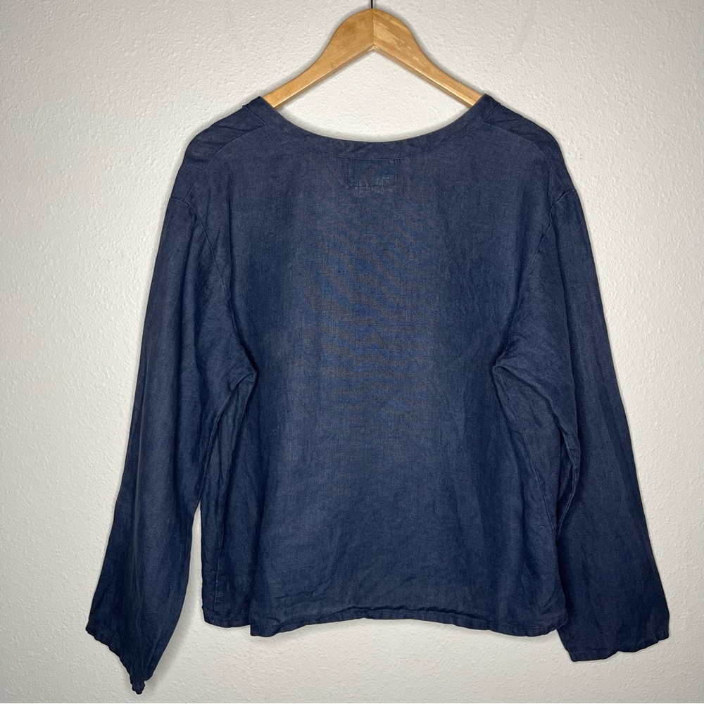 Flax by Jeanne Engelhart Navy Linen Cropped Button Down Cardigan Jacket Top - Picture 2 of 7
